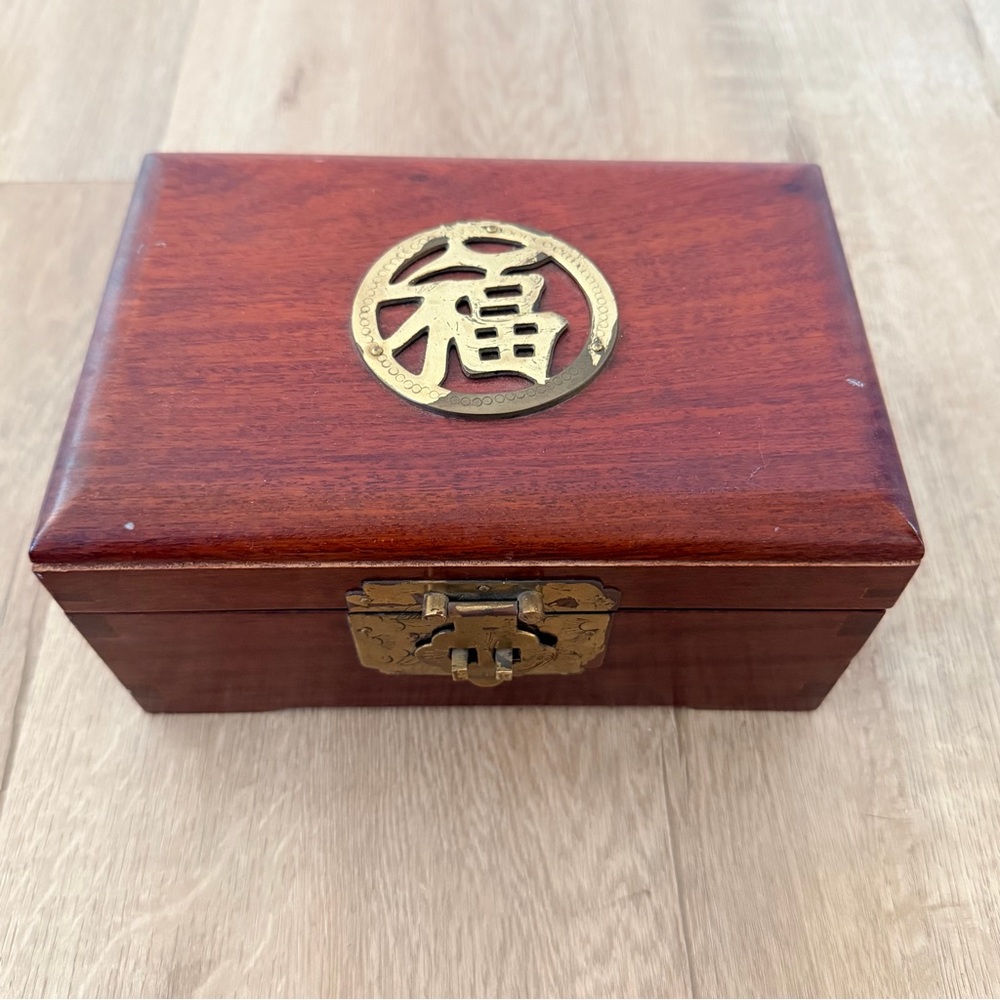 Vintage 80s Oriental Chinese Wooden Jewelry Box W/ Brass Word LUCKY, Double Tier